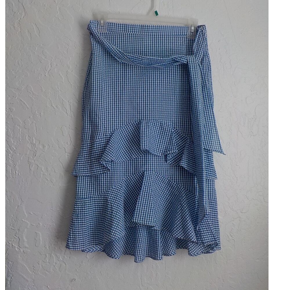 Venus Blue Plaid Midi Skirt Size 12 with Belt and Ruffles Hem Boho Coastal ZipUp